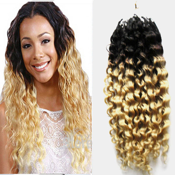 Ombre T1B/613 Hair Extensions Micro Ring Hair Extensions 100g kinky curly micro loop hair extensions for Sale