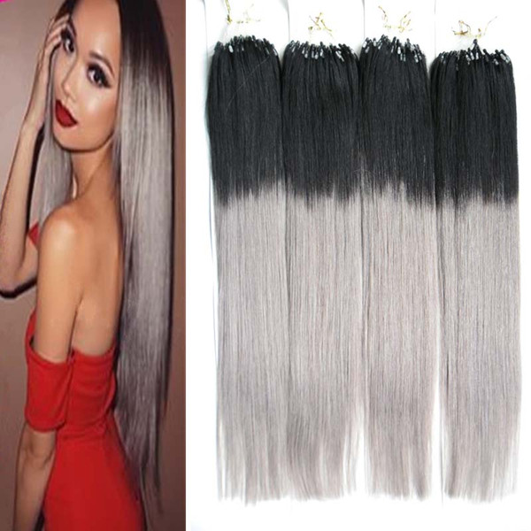 T1B/gray Ombre Straight Loop Micro Ring Hair 100% Human Micro Bead Links Machine Made Remy Hair Extension 16