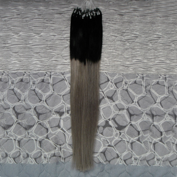 Cheng fa 100s Ombre Micro Loop Hair Extensions 100g Virgin Brazilian Straight Hair Extension Micro Rings1B/Grey Hair Extensions Micro 18-24