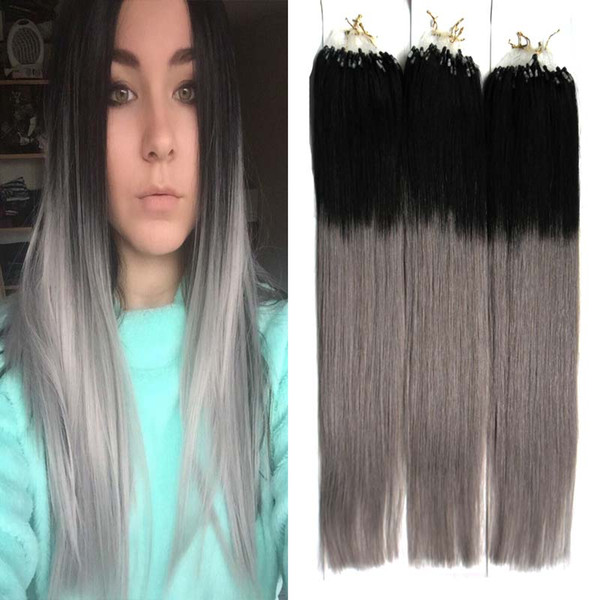 T1B/gray Ombre Straight micro loop human hair extensions Remy Hair Extension 16