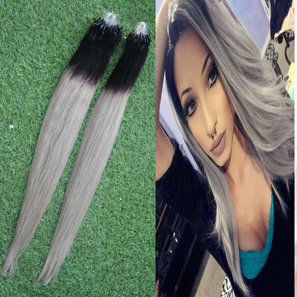 Peruvian Hair Human Extensions Loop 1B/Grey Two Tone Ombre Micro Link Hair Extensions 200S Micro Ring Hair Extensions 200g Silver Gray