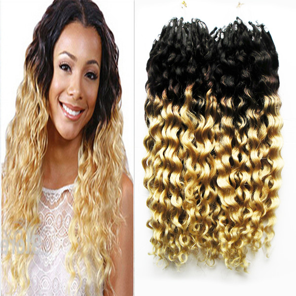 200pcs 2pack Ombre Remy Micro Ring Loop Hoop Real Natural hair People Hair Extension #1B/613 kinky Curly micro loop ring hair extensions