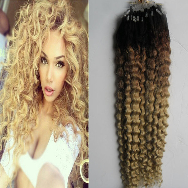 mongolian kinky curly hair 1B/613 ombre micro loop human hair extensions 100g afro kinky curly Loop Micro Ring Hair