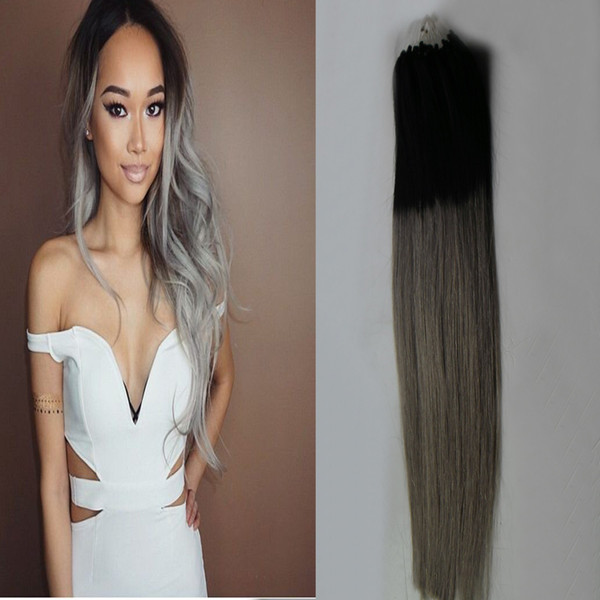 silver ombre micro hair extensions 100g micro loop ring hair extensions grey virgin hair 100g/pc 8