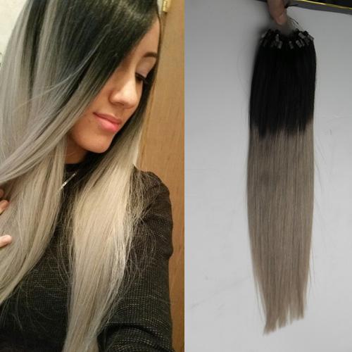 Ombre T1B/Grey Silver Straight Loop Micro Ring Hair 100% Human Micro Bead Links Machine Made Remy Hair Extension