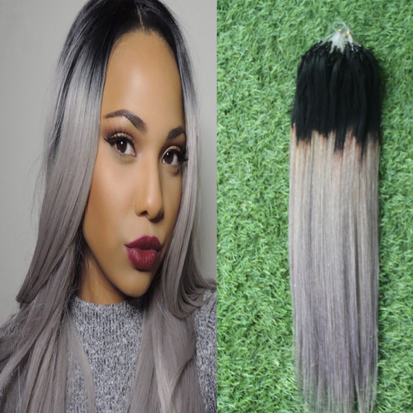 Ombre Gray Hair Extensions T1B/silver Straight Micro Beads None Remy Nano Ring Links Human Hair Extensions 100g