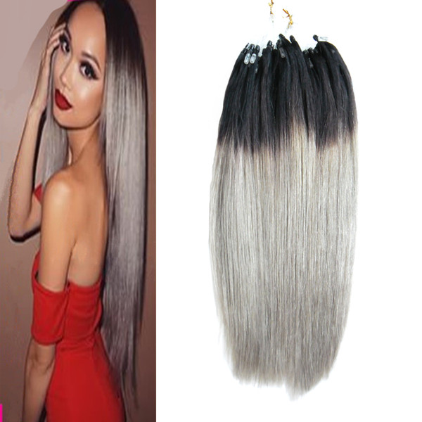 Rey ombre human hair micro loop human hair extensions 100g T1B/ grey silver ombre micro bead extensions