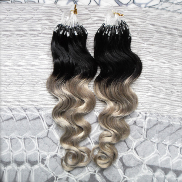 Brazilian body wave Hair ombre micro ring hair extensions 1B/silver grey hair extensions micro 200g