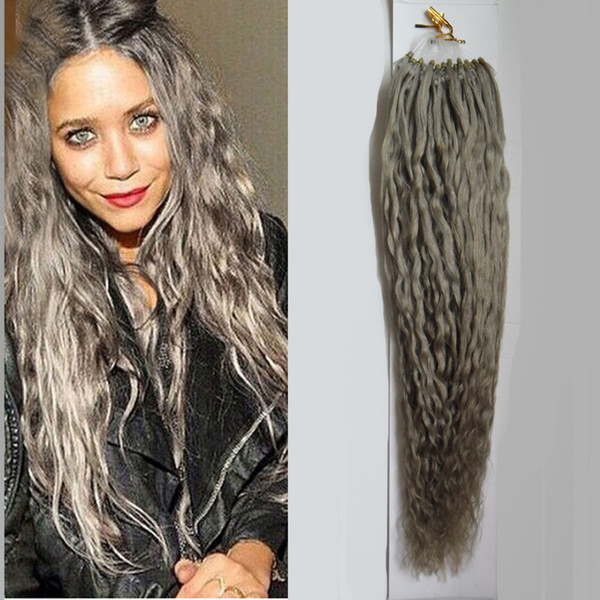 Silver gray hair extensions Kinky Curly micro bead hair extensions 100g micro loop human hair extensions