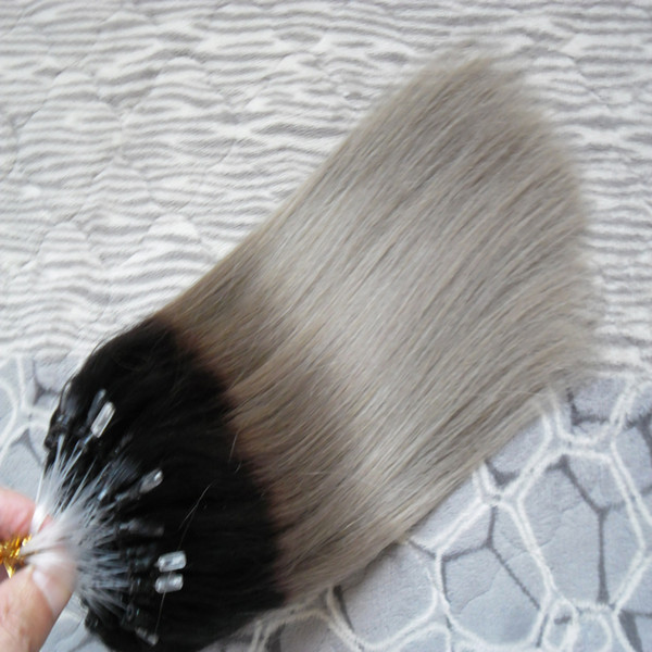 Ombre brazilian hair 1B/ Grey micro loop hair extensions 100g straight human hair micro bead extensions