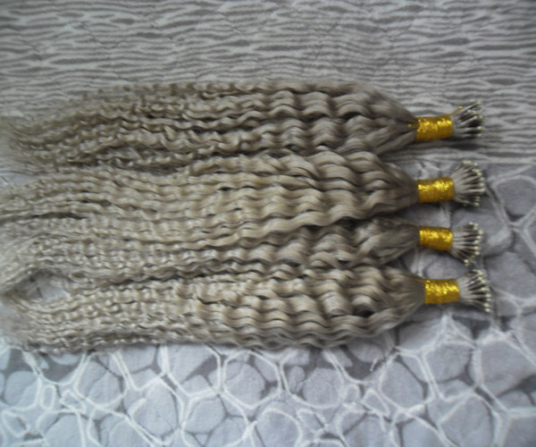 Silvery kinky curly Remy Hair Extensions Pre Bonded Nano Loop Ring Hair 200g 7a 100% Remy Hair 200pcs Nano Rings Beads