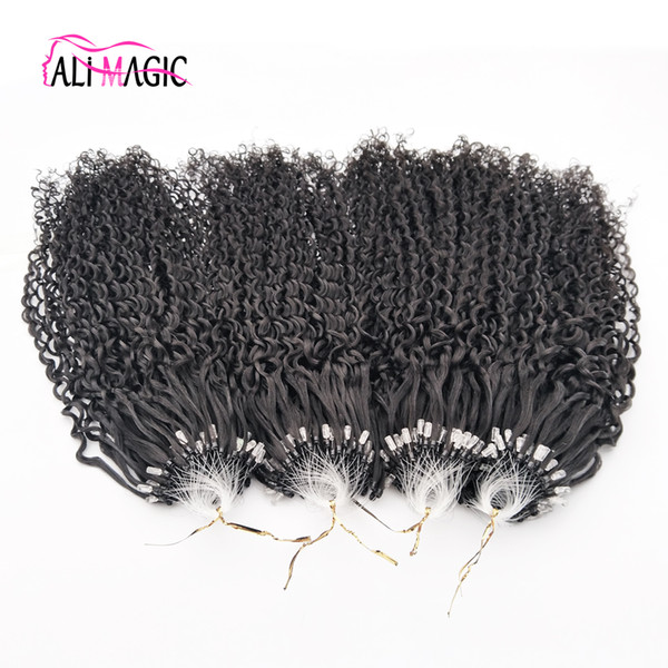 Discount Best Kinky Curly Nano Ring Human Hair Extensions 1g Indian Remy Hair Micro Loop Hair Extension Natural Black Deep Wave 100beads