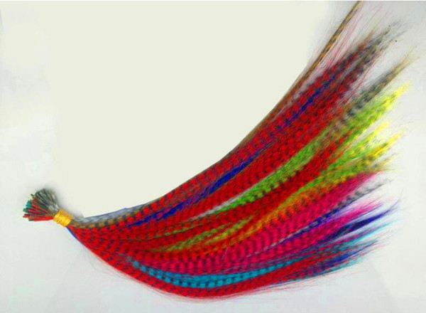 Wholesale 1000pcs 16inch 12colors available Straight Grizzly feather Hair Extensions Heat Resistant hairpiece with free beads and hooks