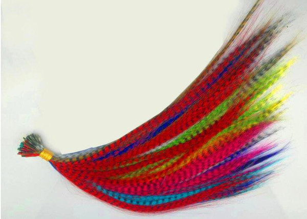 Hot 1000pcs 16inch 12colors available Straight Grizzly feather Hair Extensions Heat Resistant hairpiece with free beads and hooks