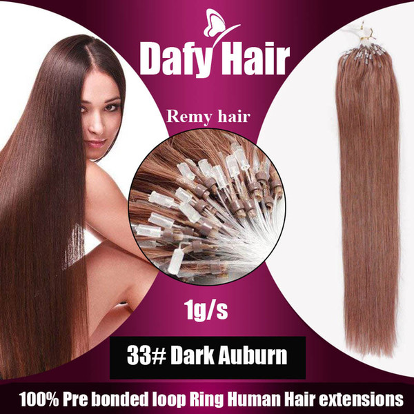 Loop Micro Ring Hair Extensions #33 dark auburn 12-28inch 100% Real Human Hair 1g/strands Natural Straight Loop Hair