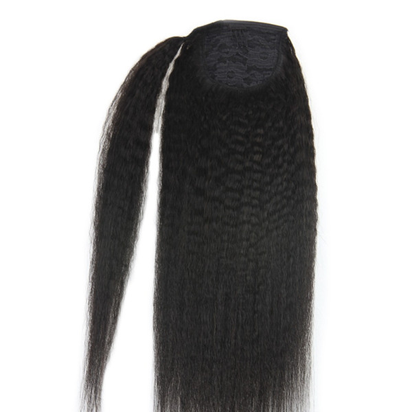 Brazilian Kinky Straight Yaki Human Hair Ponytail Extensions Natural Black 1b clip in drawstring poney 12-24inch (14