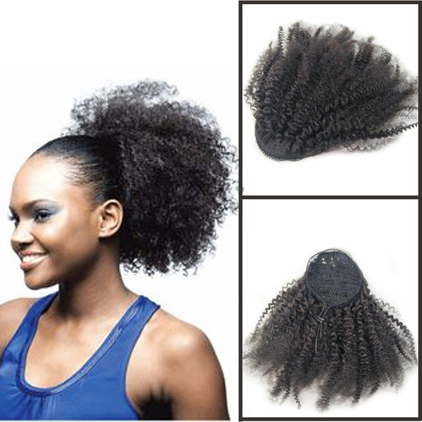 Drawstring Ponytail Extension African American Black Short High Afro Kinky Curly Hair Extension, Human Puff Hair pony tail For Black Women