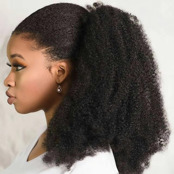 160g Human Hair Kinky Ponytails Hairpieces For American Black Women Afro Curly Ponytail Drawstring Clip On Pony Tail 4 Colors Available