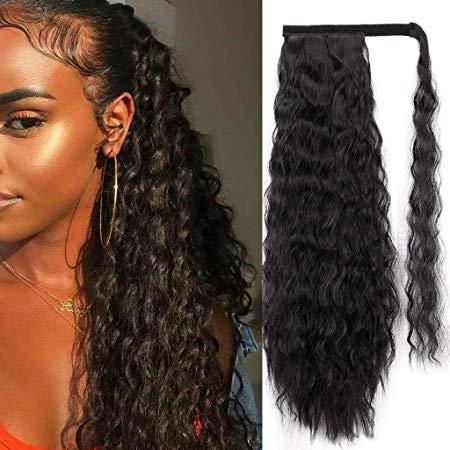 Long corn curly wavy pony tail hairpiece wrap around wavy ponytail human hair for black women 120g