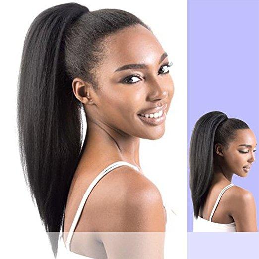 Hot new Virgin Brazilian Yaki Kinky Straight Ponytail Human Hair Wrap Around Pony tail Extensions 120g natural color Coarse Straight