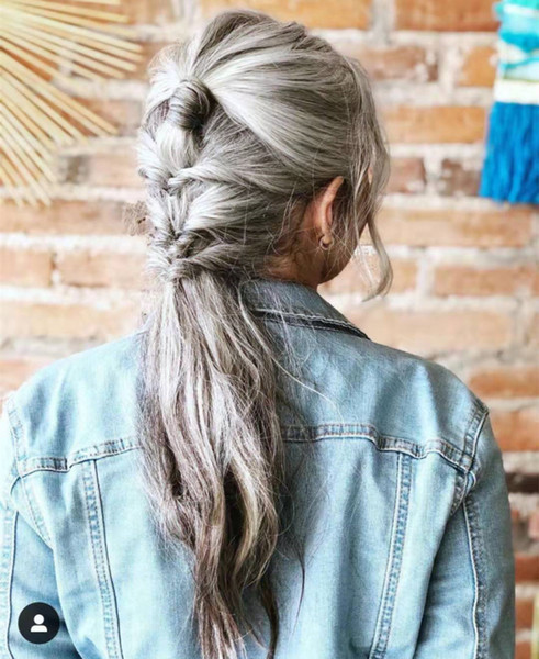 Naturelly grey human hair ponytail clip in salt and pepper natural highlight dye free women ponytail extension silver fox hot selling