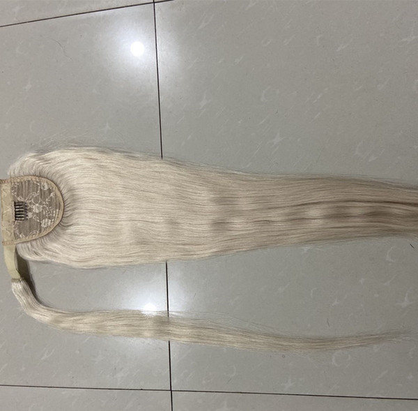 Bleached white blonde wraps brazilian hair pony tail hair piece 1pcs 24inch long sleek straight pony tail hair piece color 60