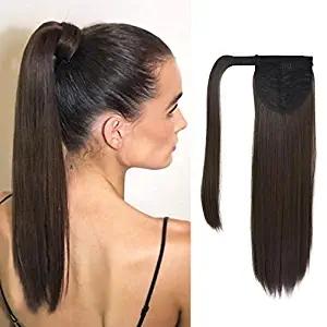 Wrap Around Ponytail Straight 100 Human Hair Extension Clip in 10-22 Inch Brazilian drawstring pony tail Hairpiece chocolate dark brown #2