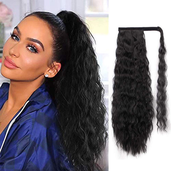 Wavy Ponytail Extension for Women Synthetic Wrap Around Magic Paste Yaki Ponytail Corn Wave Clip in Hairpiece Black Fake Hair