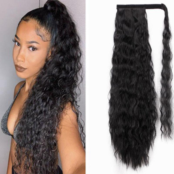 24Inch Synthetic Ponytails Wavy Curly Wrap Around Magic Paste Yaki Clip In Ponytail Hair Extensions Stock