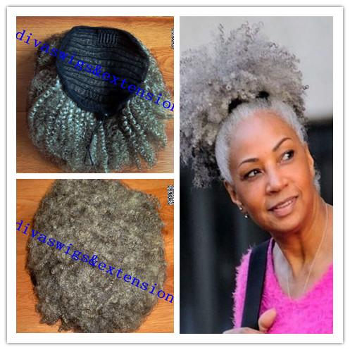 Gray hair ponytail natural puff afro ponytail hair extension clip Remy afro kinky curly drawstring ponytails grey hair piece 120g