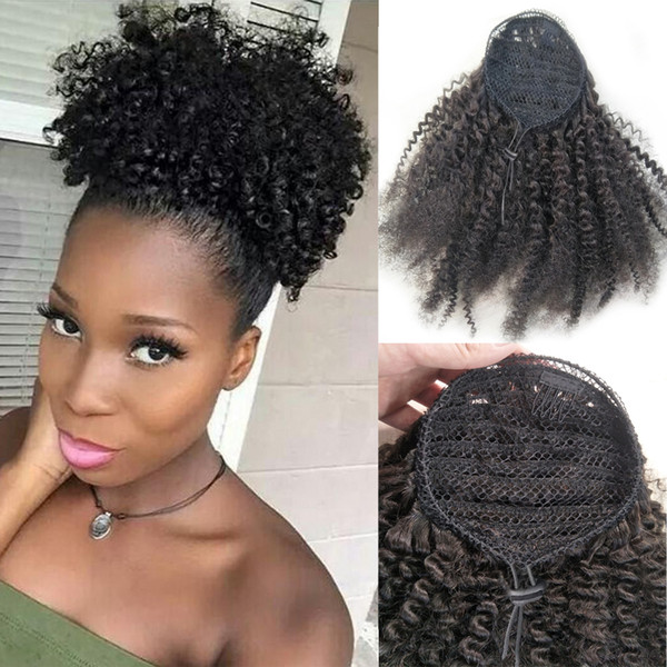 Afro Kinky Curly Ponytail For Black Women Natural Black Remy Hair 1 Piece Clip In Ponytails Drawstring 100% Human Hair