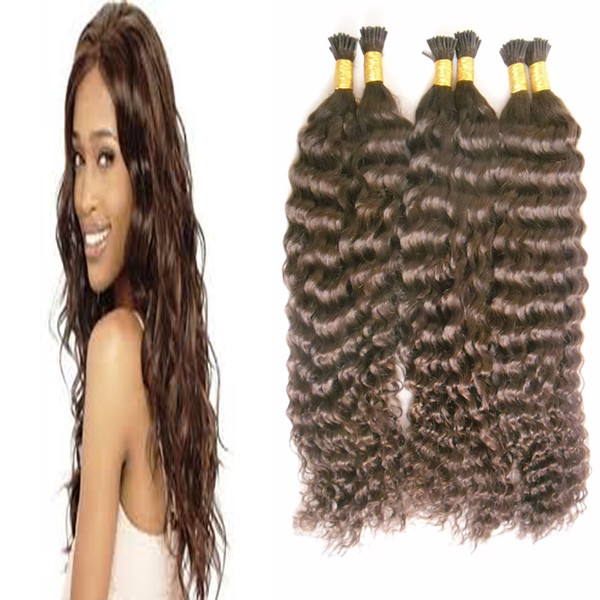 7A Brazilian Kinky Curly Double Drawn I Tip Hair Extensions 300g Fusion Hair Extensions 1g/s Brown Hair Extensions Keratin 18