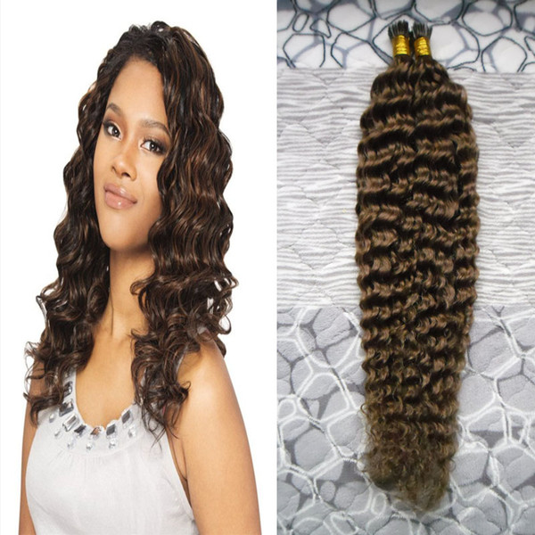 #6 Medium Brown Brazilian deep wave human hair extensions keratine i tip hair extensions 100g/strands brazilian virgin curly i tip hair