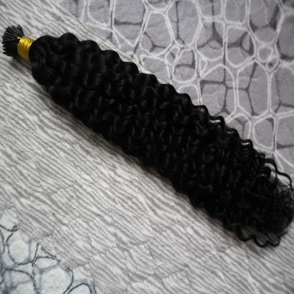 I Tip Hair Extensions mongolian afro kinky curly virgin hair 100g 100s #1 Jet Black keratin stick tip hair extensions