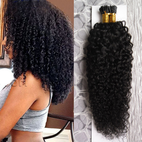 Mongolian kinky curly hair 100pc Fusion Hair I Tip Stick Tip Keratin Machine Made Remy Pre Bonded Human Hair Extension 16