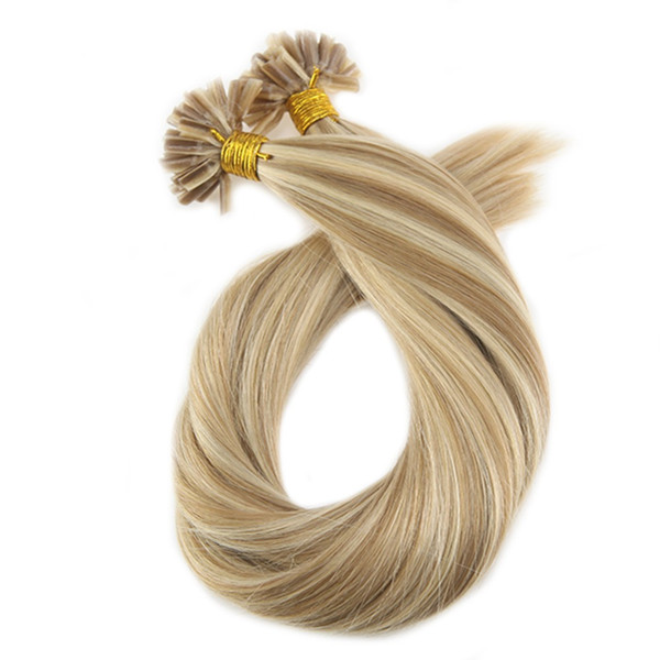 ELIBESS HAIR -Keratin Nail U Tip Extensions Color #14 Golden Blonde Highlighted with #613 Blonde Pre-bonded Hair 1g/s 100 Strands