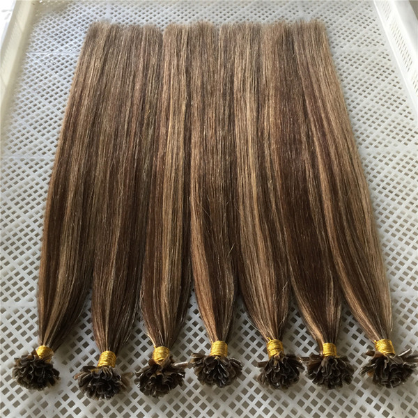 Indian Virgin Human Hair Pinao Color#4/#613 Nail U Tip Hair Extensions Silky Straight 14