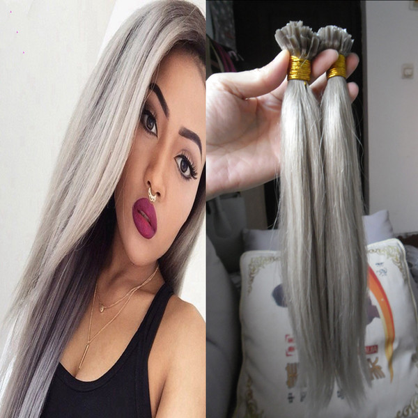 Silver Grey Nail U Tip Human Hair Extension 100g Keratin Capsules Human Fusion Pre Bonded Hair 100S/Pack extension grey cheratina