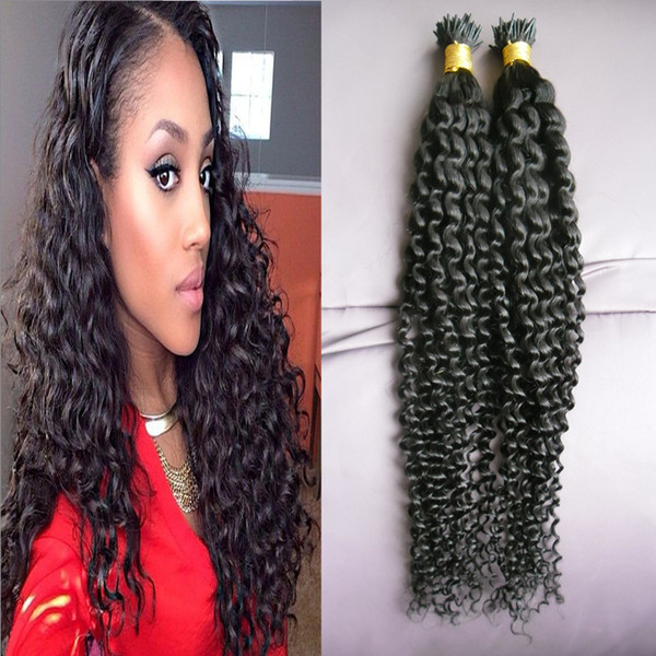 Black Mongolian Kinky Curly I Tip Hair Extensions 100G Pre Bonded Hair Extension 100g keratin stick tip hair extensions