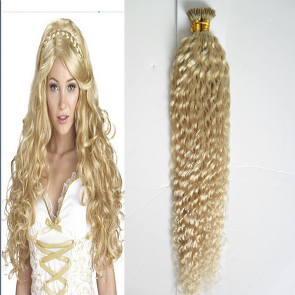 613 blonde Human Keratin Hair Extensions 1g I Tip Hair Natural on Capsules 100s Blonde kinky Curly Keratin Stick Tip Hair Extensions