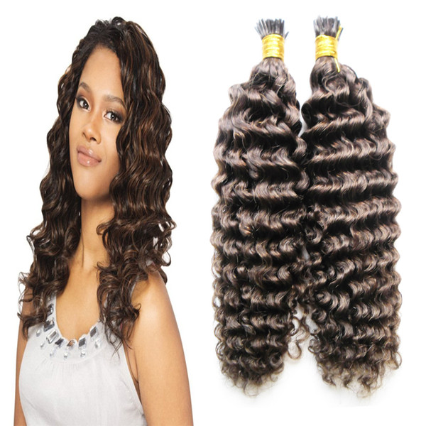 Human hair extension keratin #4 Dark Brown Dee wave i tip hair extensions 100g human hair wavy