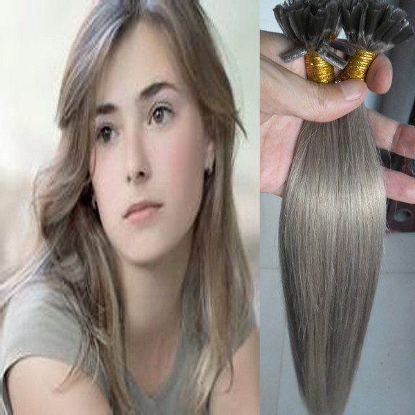 Silver Gray U Tip Hair Extension Keratine 100g grey hair 100s pre bonded keratin stick tip human hair