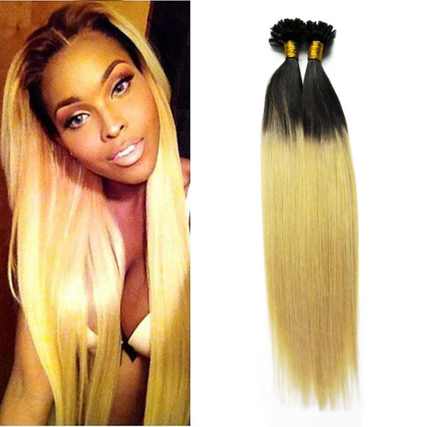 Straight 1B/613 two tone ombre brazilian hair U tip hair extensions 100g Blonde Pre Bonded flat tip fusion hair extensions