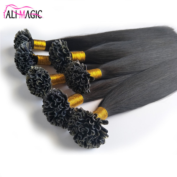 U Tip Human Hair Extensions Malaysian Virgin Hair Straight Keratin Nail Stick Nail Tip Remy Natural Black Color 20''22