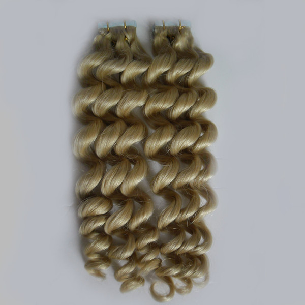 Tape In Human Hair Extensions Machine Remy Loose wave On Adhesive Invisible PU Weft Platinum Blonde Color #613 40g/Set 18