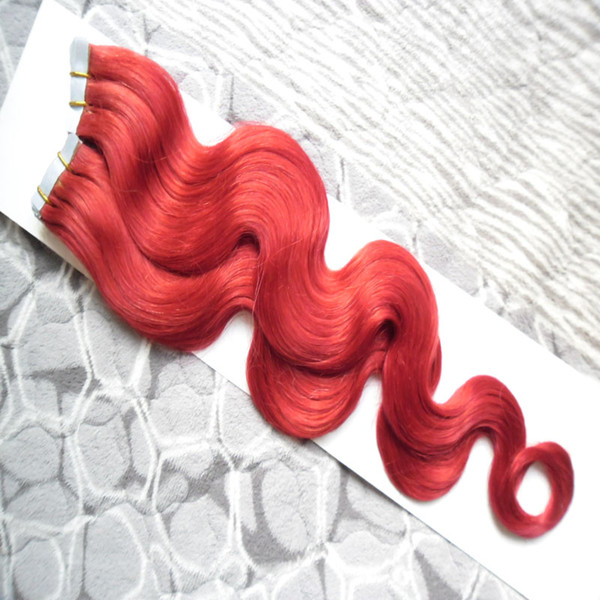 Red Tape In Human Hair Extensions 100% Remy Hair 100g 40pcs Body Wave Salon Remy Hair On Adhesives Tape PU Skin Weft Invisible