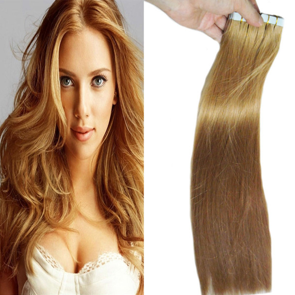 Honey Blonde Tape In Human Hair Extensions 40pcs Salon Remy Hair On Adhesives Tape PU Skin Weft Invisible 100g tape hair