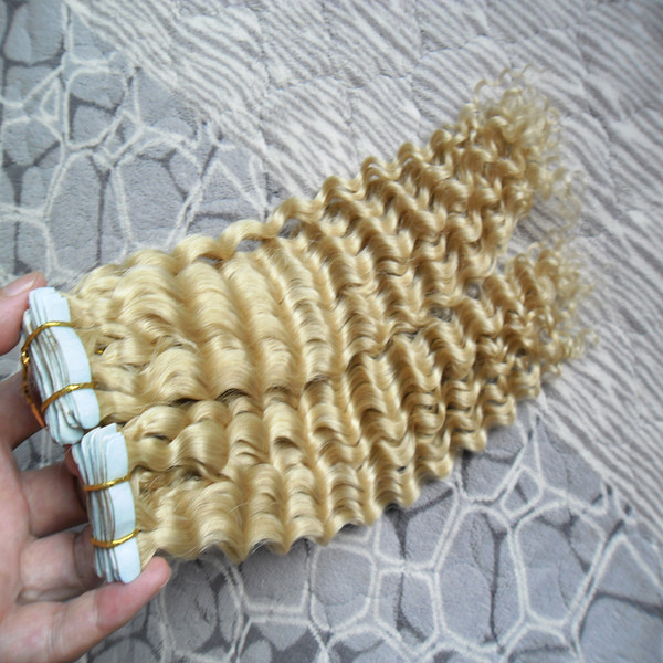 Tape In Human Hair Extensions 100g/Set 10-24 Inch Deep Curly 613# blonde Tape In Extensions 40pcs Remy Tape In Hair Extensions