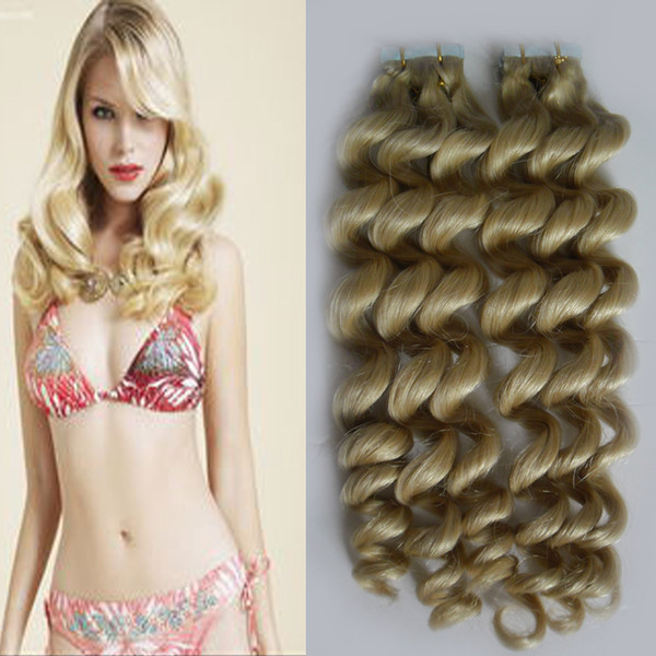 Skin Weft Human Hair Machine Remy Loose wave Remy Tape In Human Hair Extension Platinum Blonde Color #613 40g/Set 18