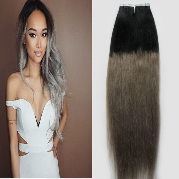 Ombre Tape in Hair Color 1B to gray 4cm 10''-26'' 2.5g/pc 40pcs/100g Straight Indian Hair Skin Weft Remy Tape In/On Human Hair Extensions